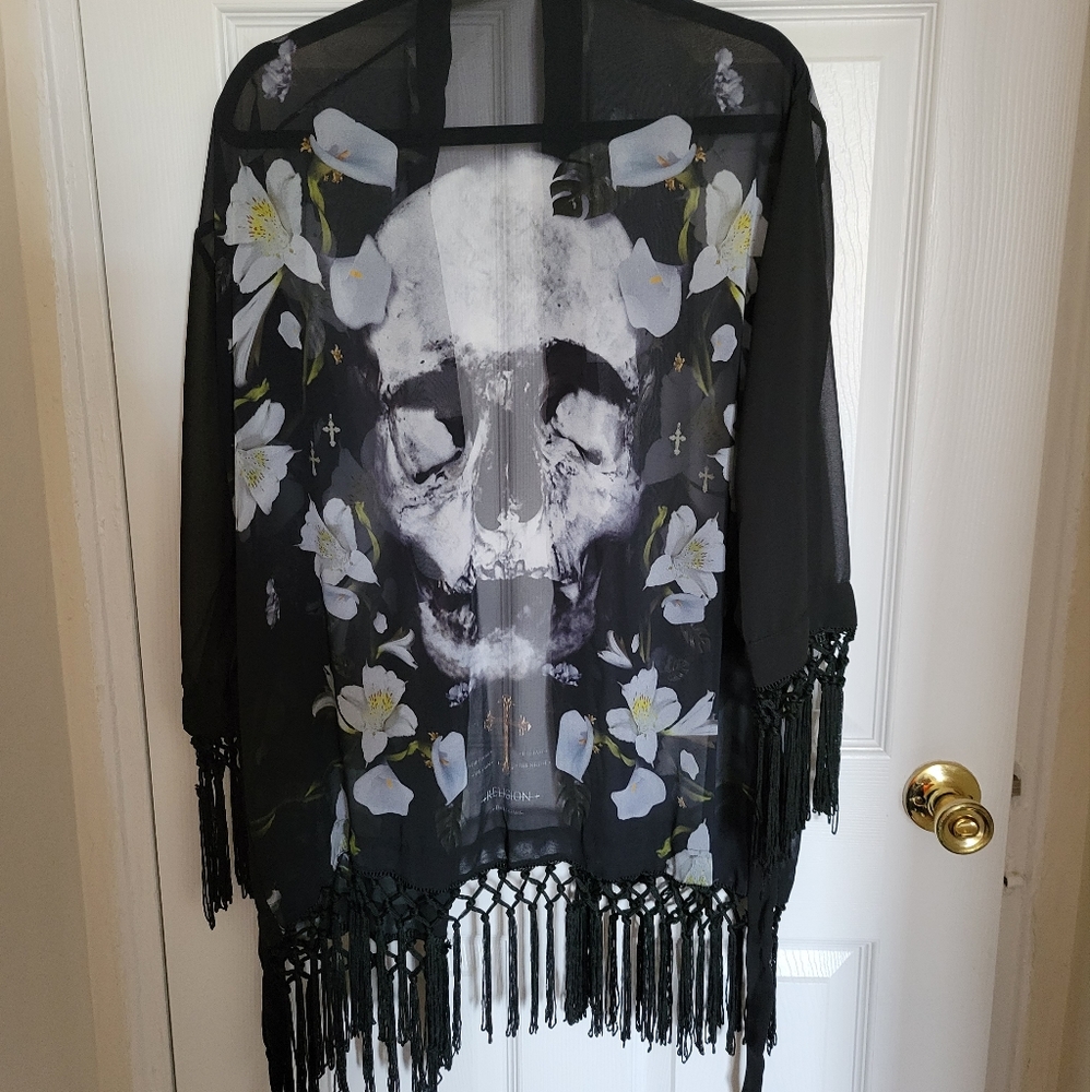 Religion We Live in Black skull sheer kimono
